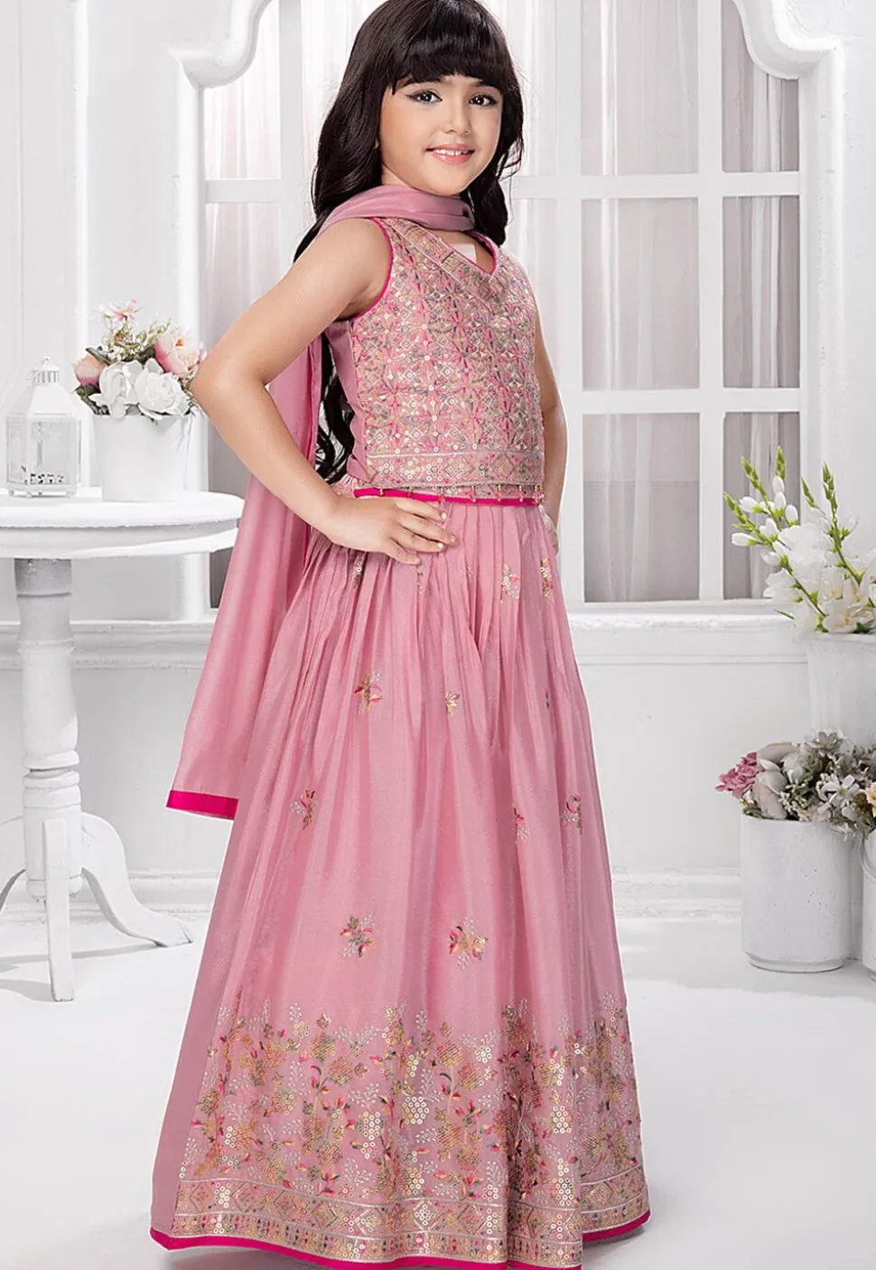 Embroidered Georgette Lehenga in Pink