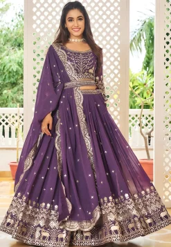 Embroidered Georgette Lehenga in Purple