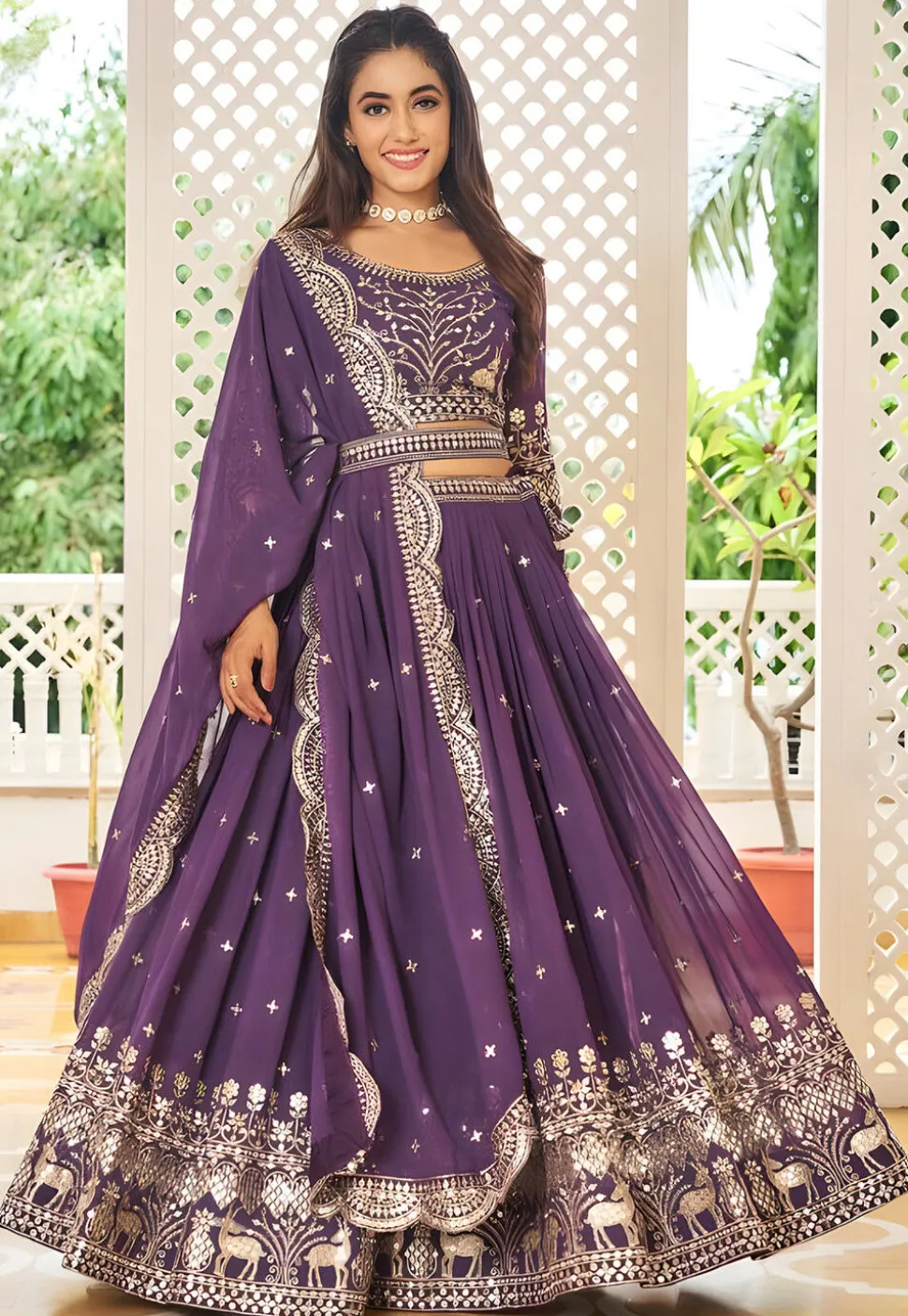 Embroidered Georgette Lehenga in Purple