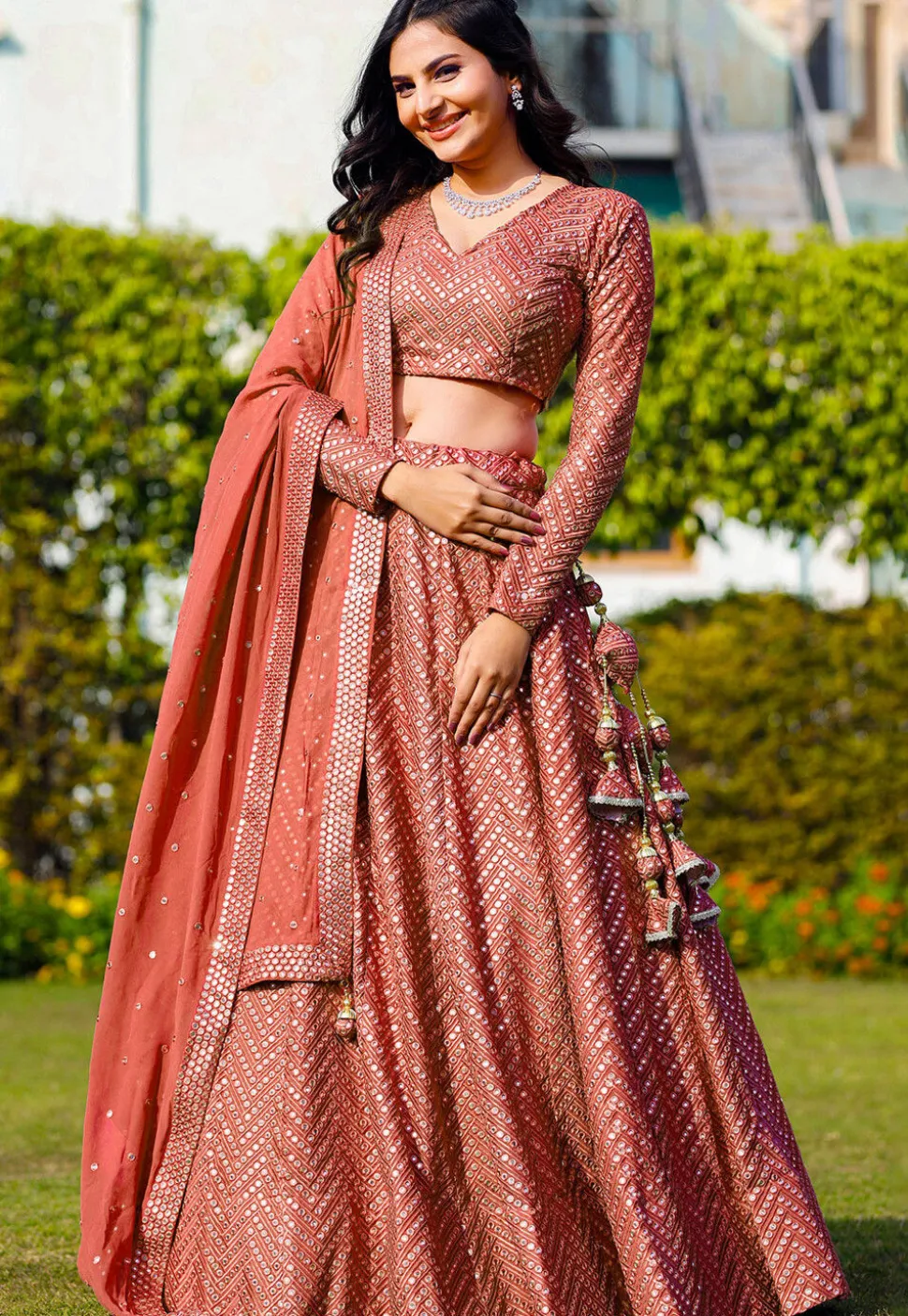 Embroidered Georgette Lehenga in Dark Peach