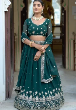 Embroidered Georgette Lehenga in Dark Green