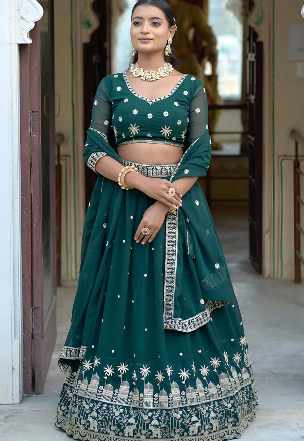 Embroidered Georgette Lehenga in Dark Green