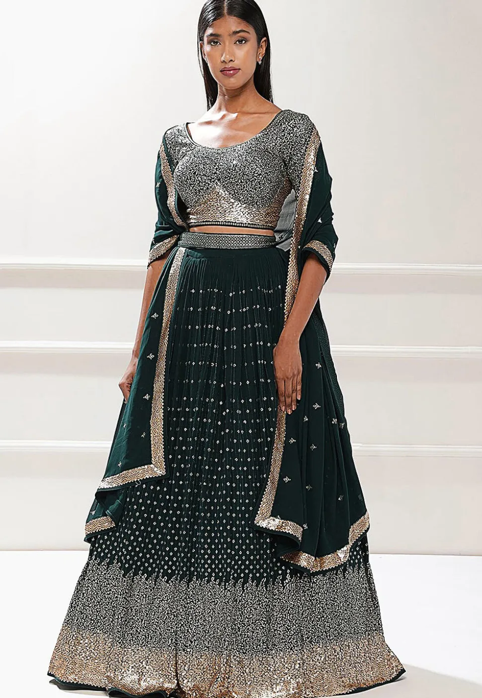Embroidered Georgette Lehenga in Green