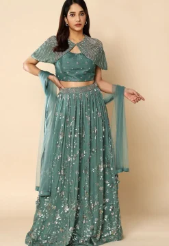 Embroidered Georgette Lehenga in Sea Green