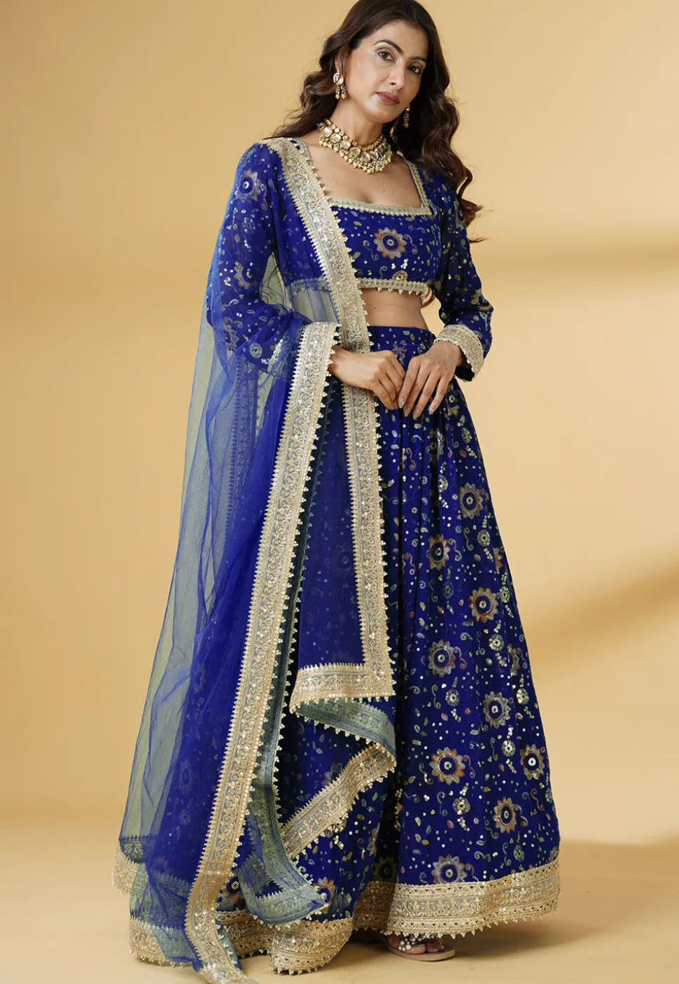 Embroidered Georgette Lehenga in Royal Blue