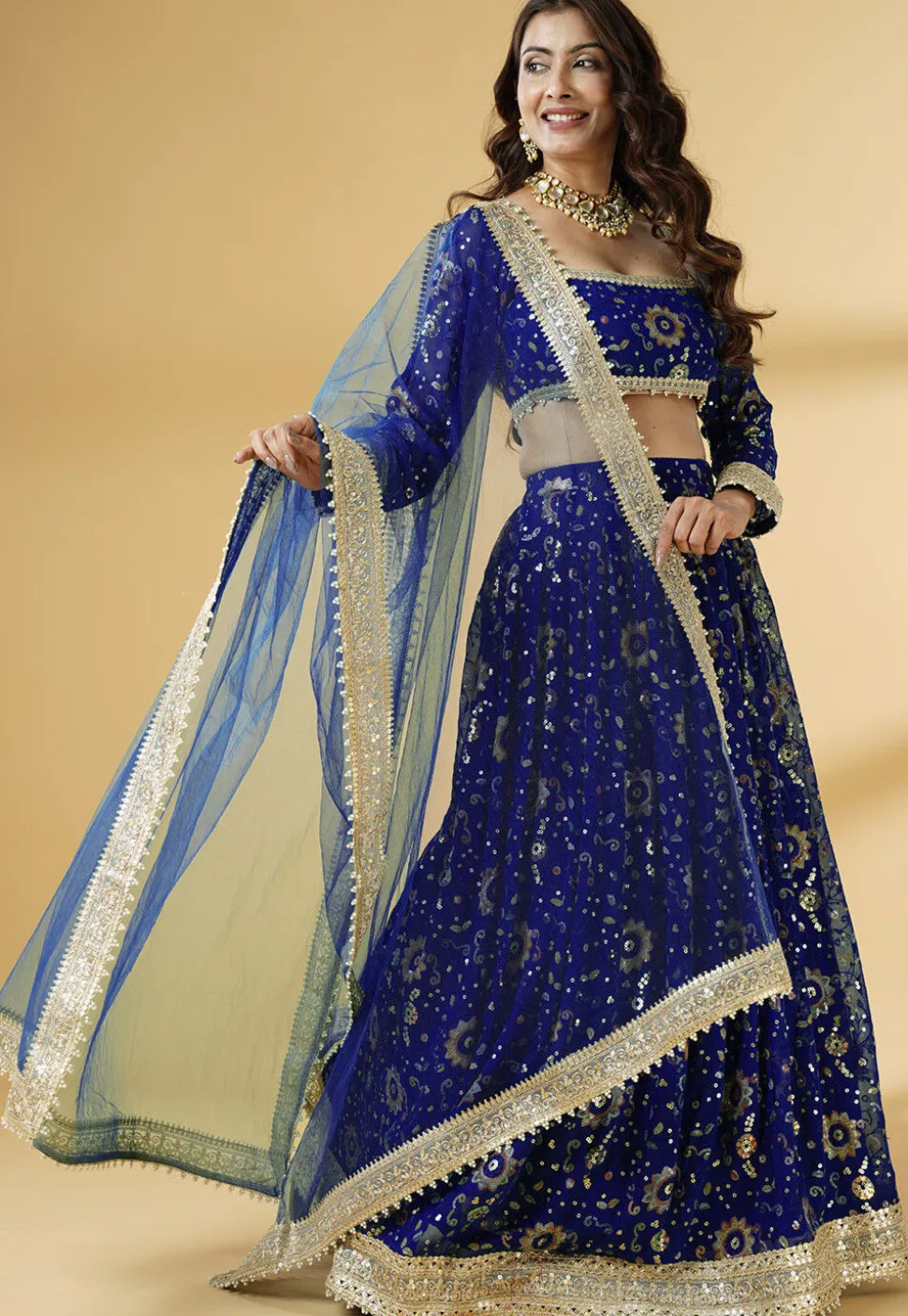 Embroidered Georgette Lehenga in Royal Blue