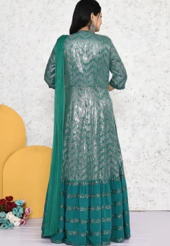 Embroidered Georgette Lehenga in Teal Green