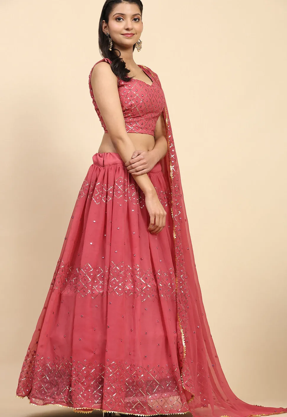 Embroidered Georgette Lehenga in Pink