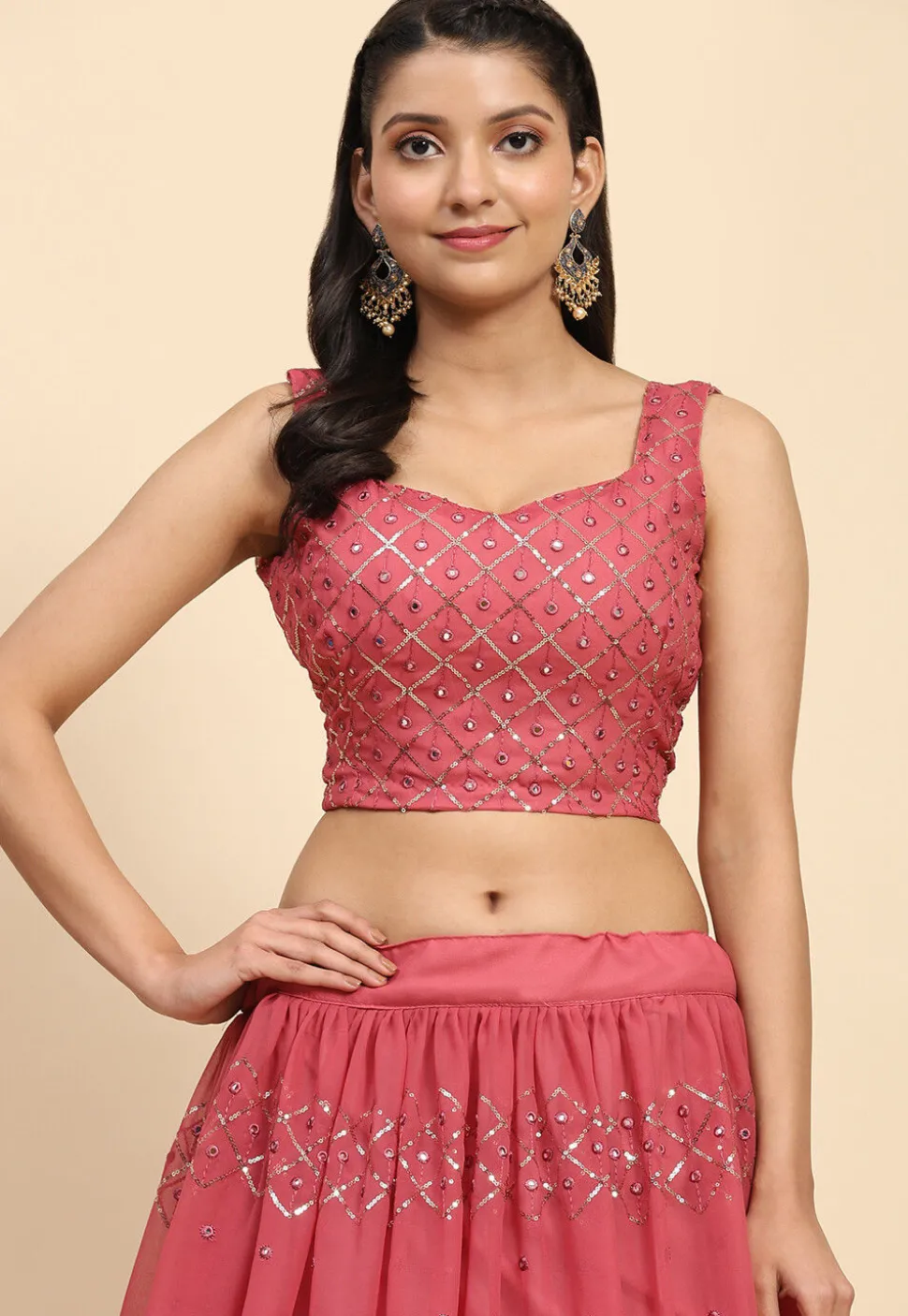 Embroidered Georgette Lehenga in Pink