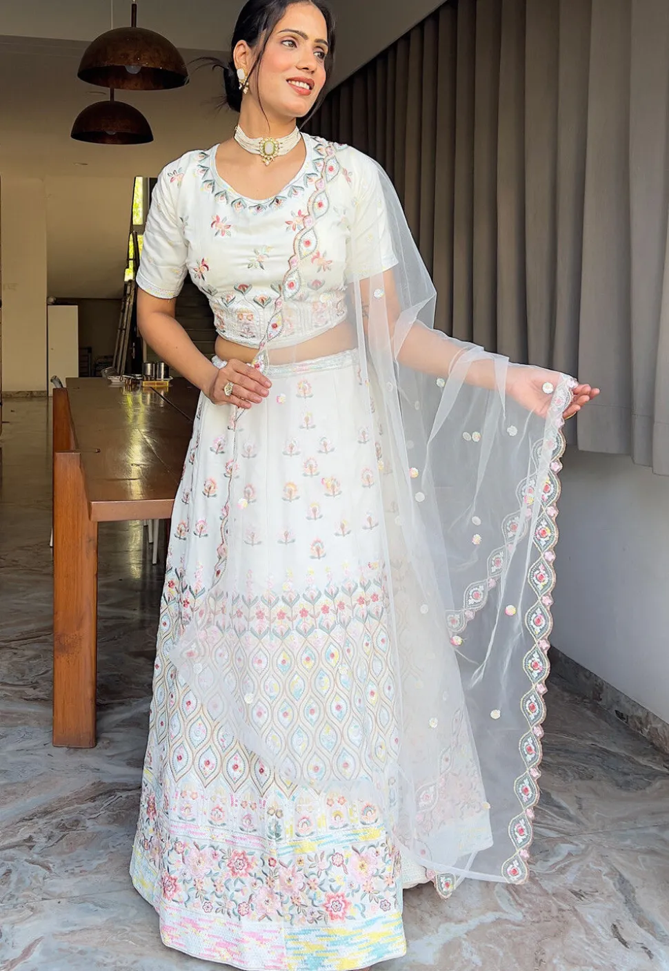 Embroidered Georgette Lehenga in Sky Blue