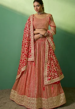 Embroidered Georgette Lehenga in Red