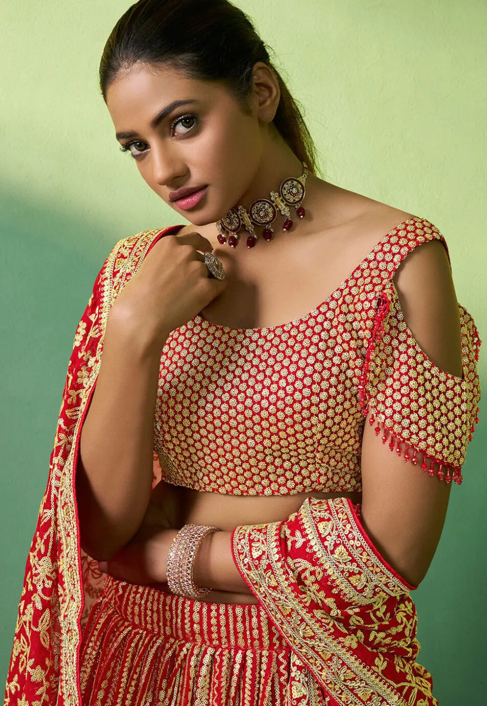 Embroidered Georgette Lehenga in Red