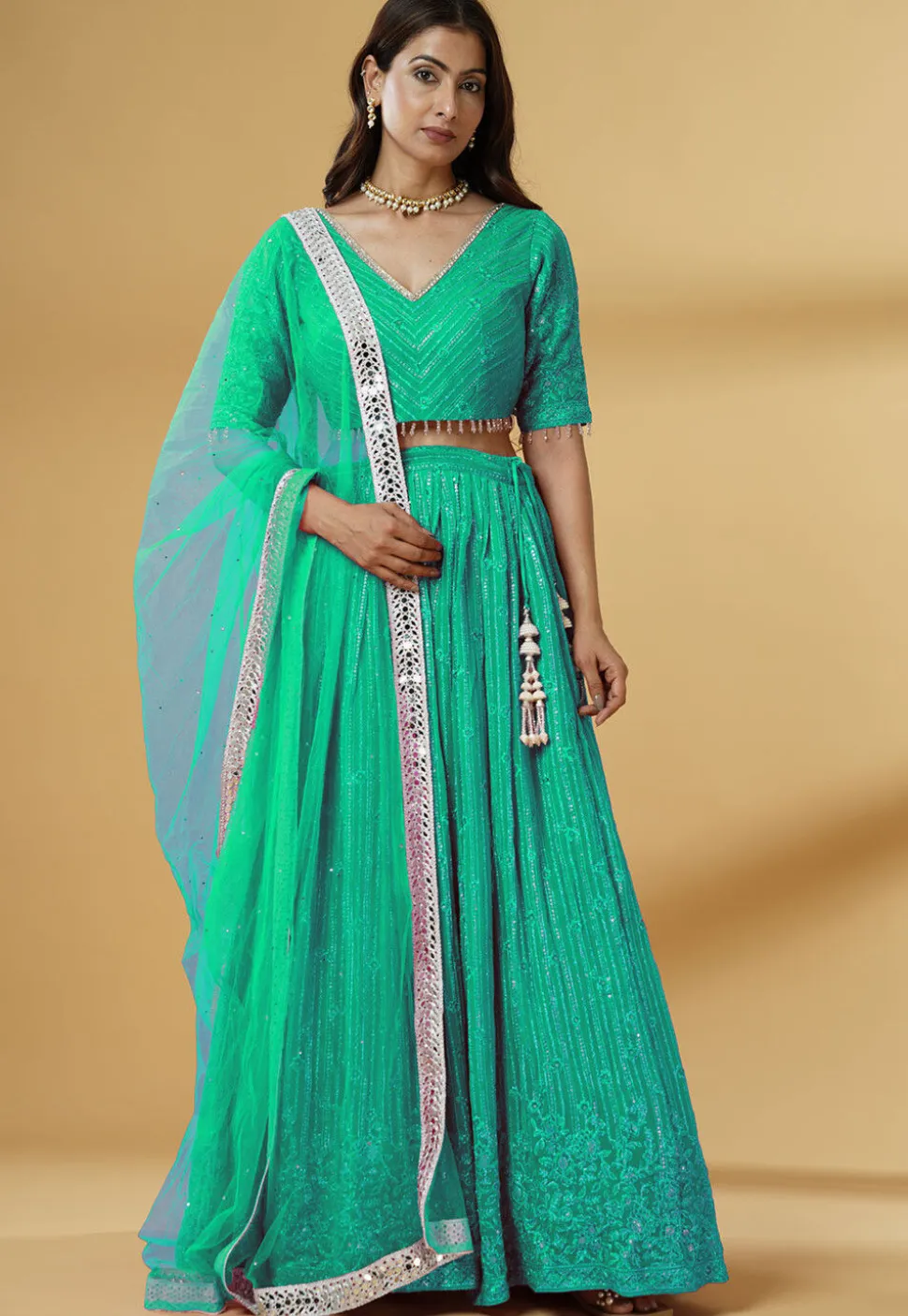Embroidered Georgette Lehenga in Teal Green