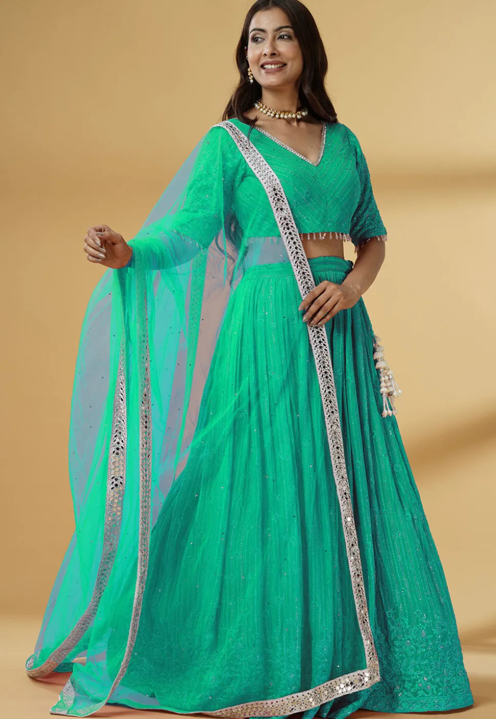 Embroidered Georgette Lehenga in Teal Green