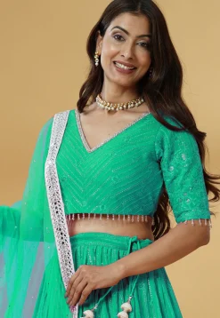 Embroidered Georgette Lehenga in Teal Green