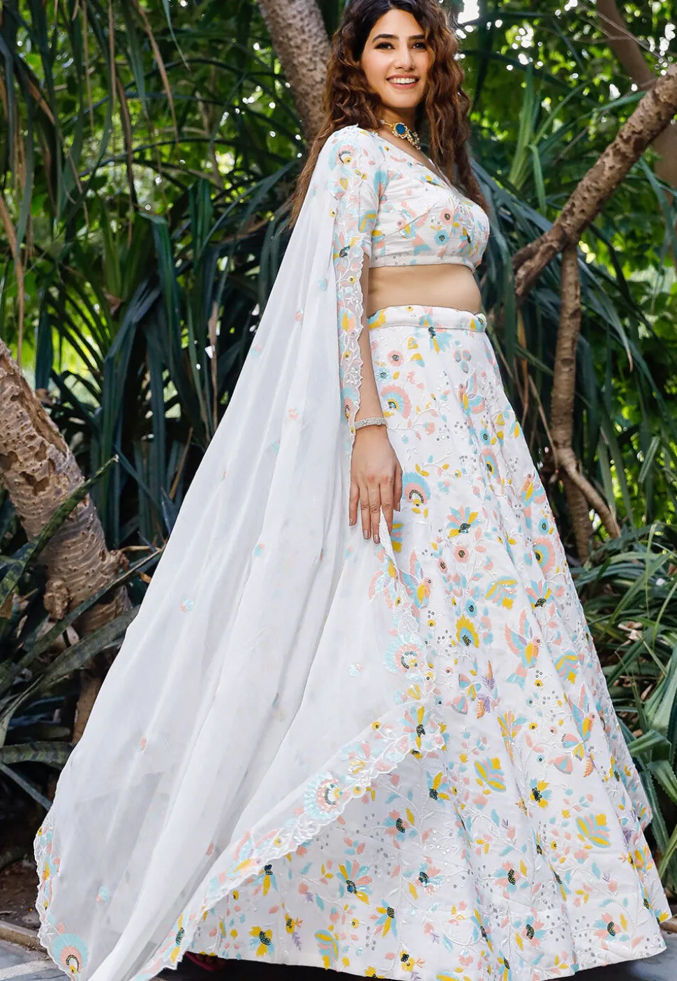 Embroidered Georgette Lehenga in White