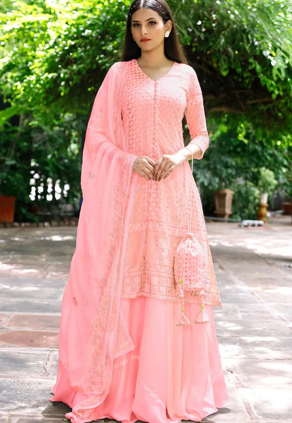 Embroidered Georgette Lehenga in Light Pink
