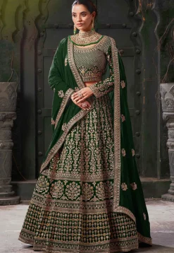 Embroidered Georgette Lehenga in Dark Green