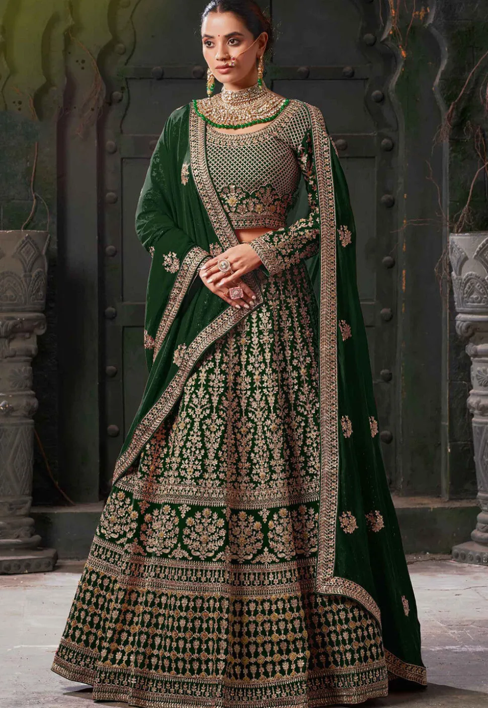 Embroidered Georgette Lehenga in Dark Green