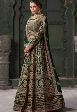 Embroidered Georgette Lehenga in Dark Green