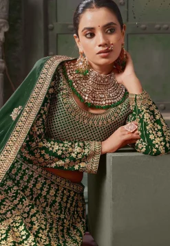 Embroidered Georgette Lehenga in Dark Green