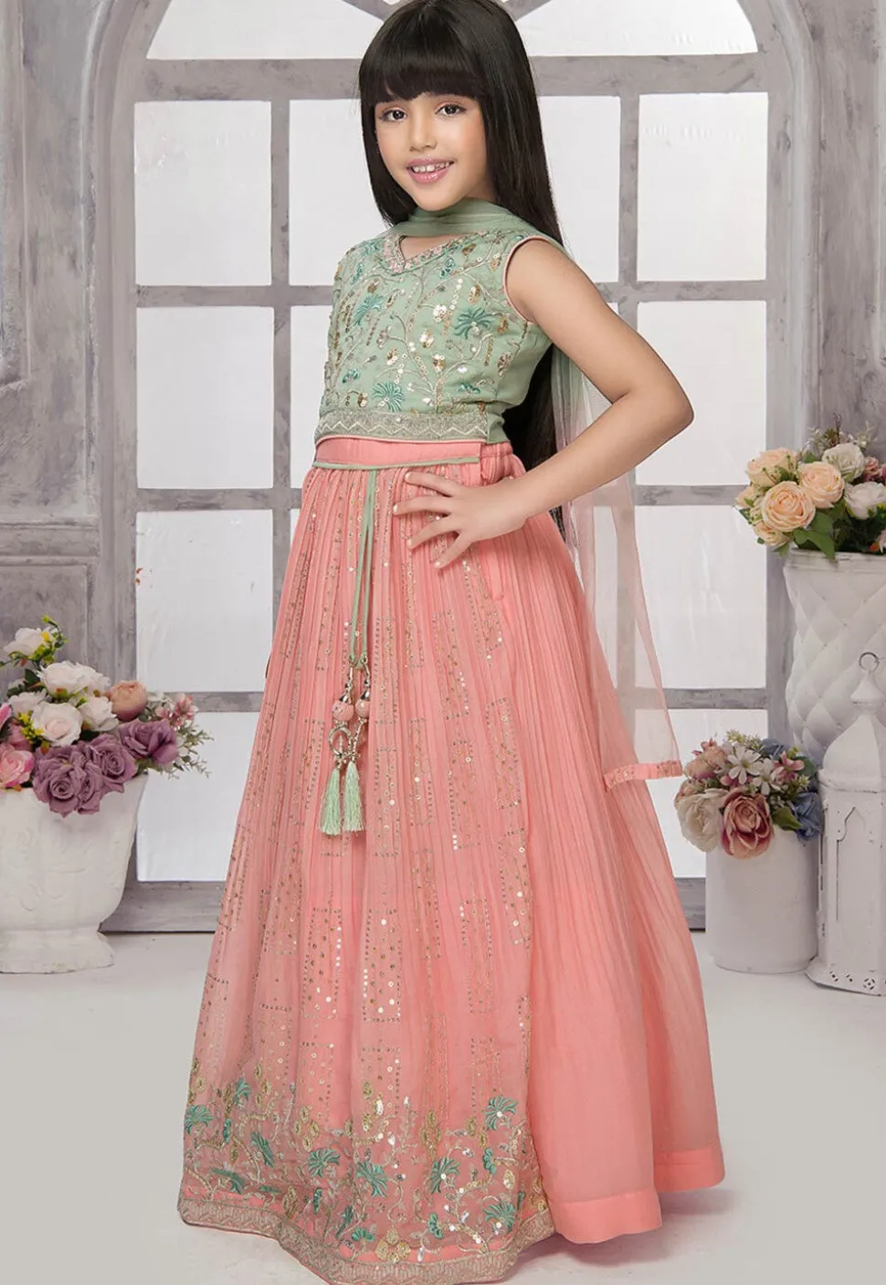 Embroidered Georgette Lehenga in Peach