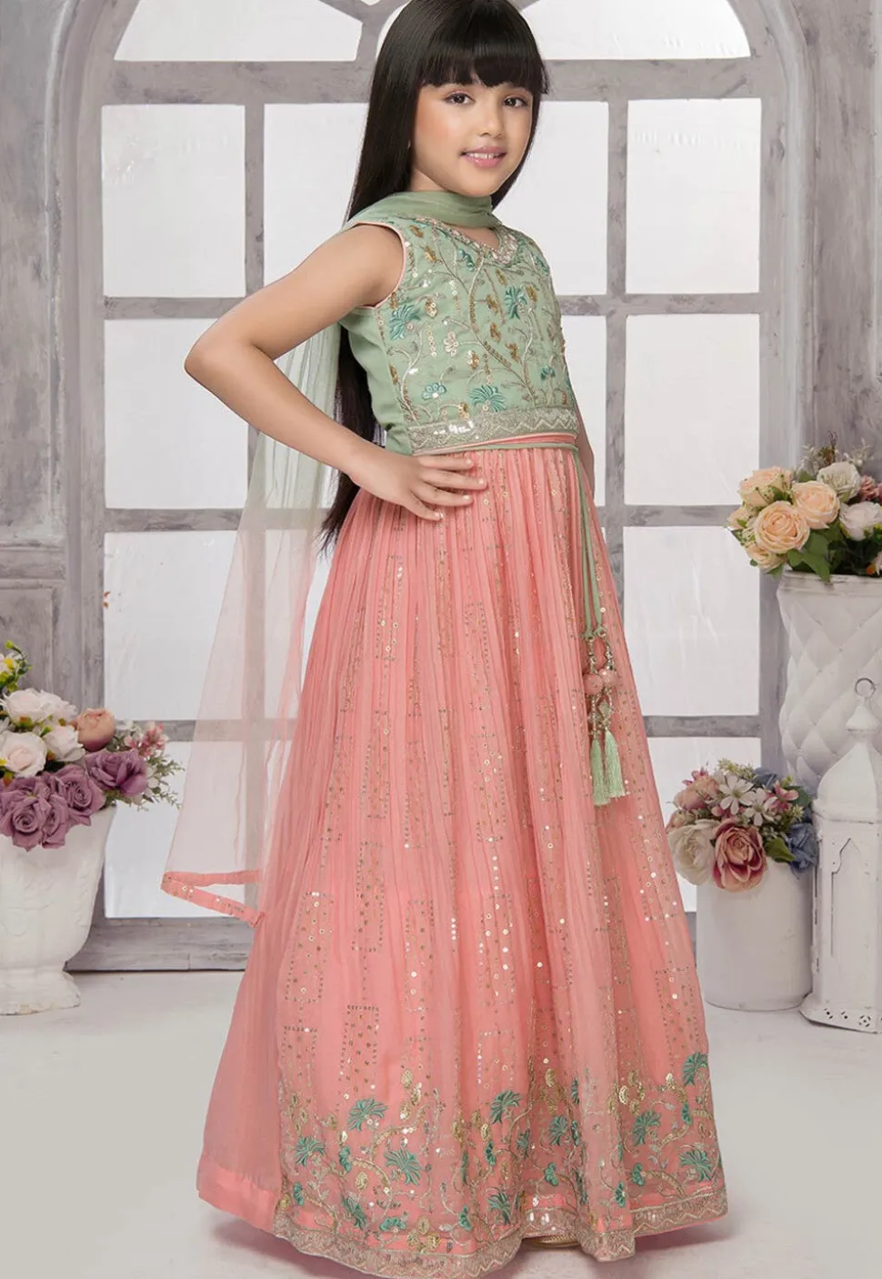 Embroidered Georgette Lehenga in Peach