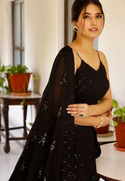 Embroidered Georgette Lehenga in Black