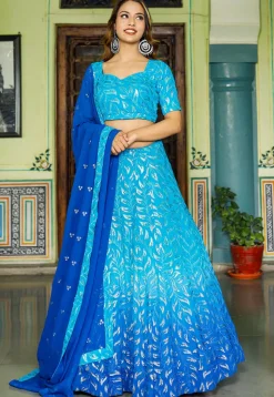 Embroidered Georgette Lehenga in Shaded Blue