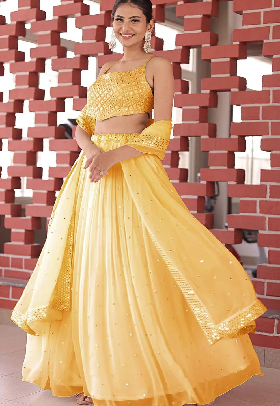Embroidered Georgette Lehenga in Yellow