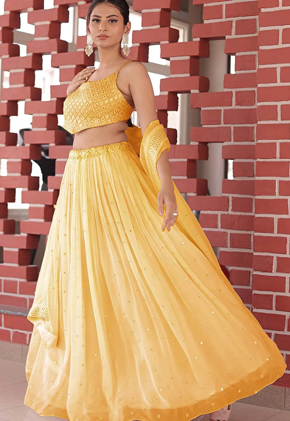 Embroidered Georgette Lehenga in Yellow