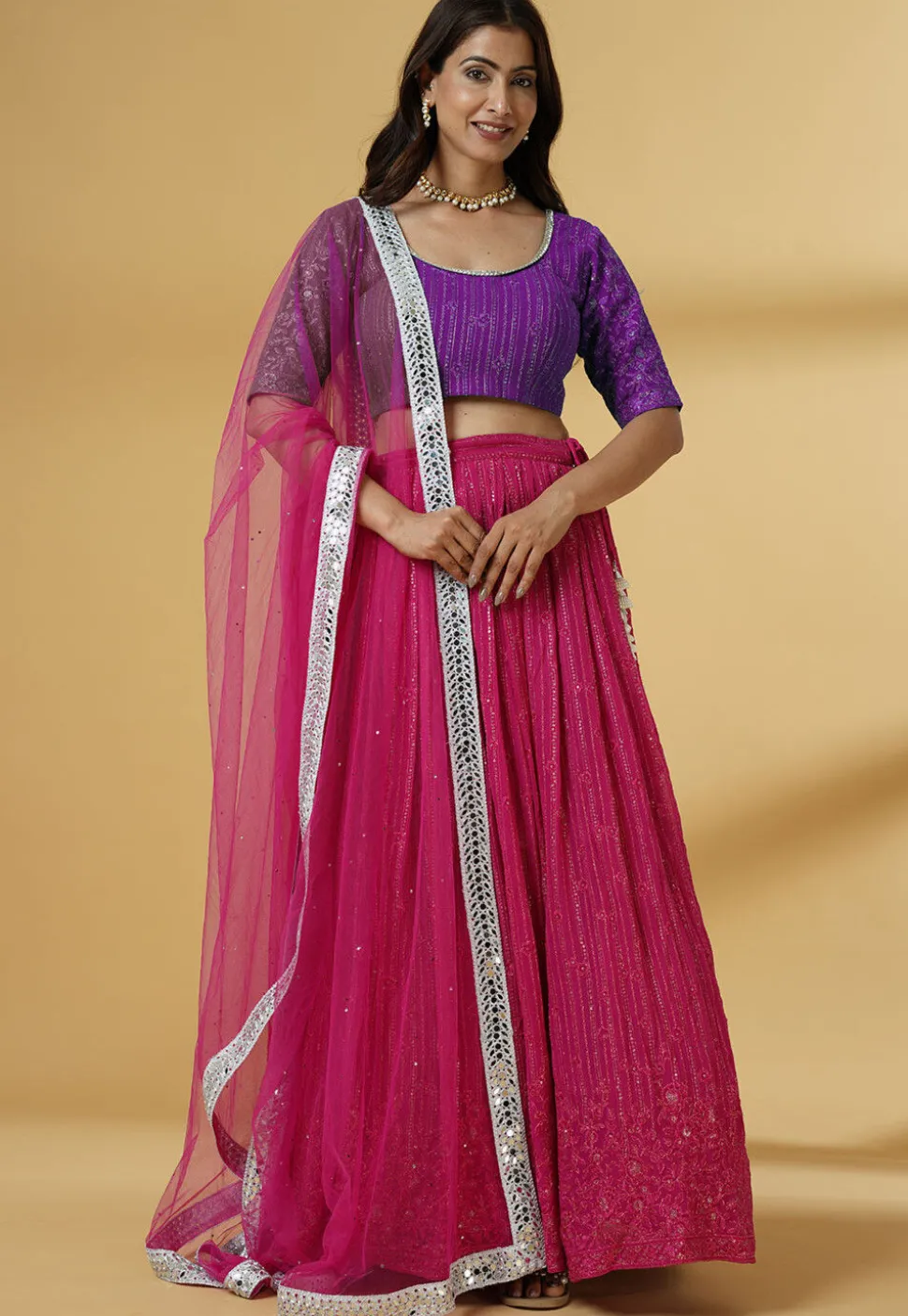 Embroidered Georgette Lehenga in Pink