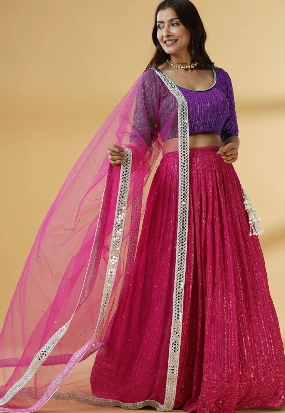 Embroidered Georgette Lehenga in Pink