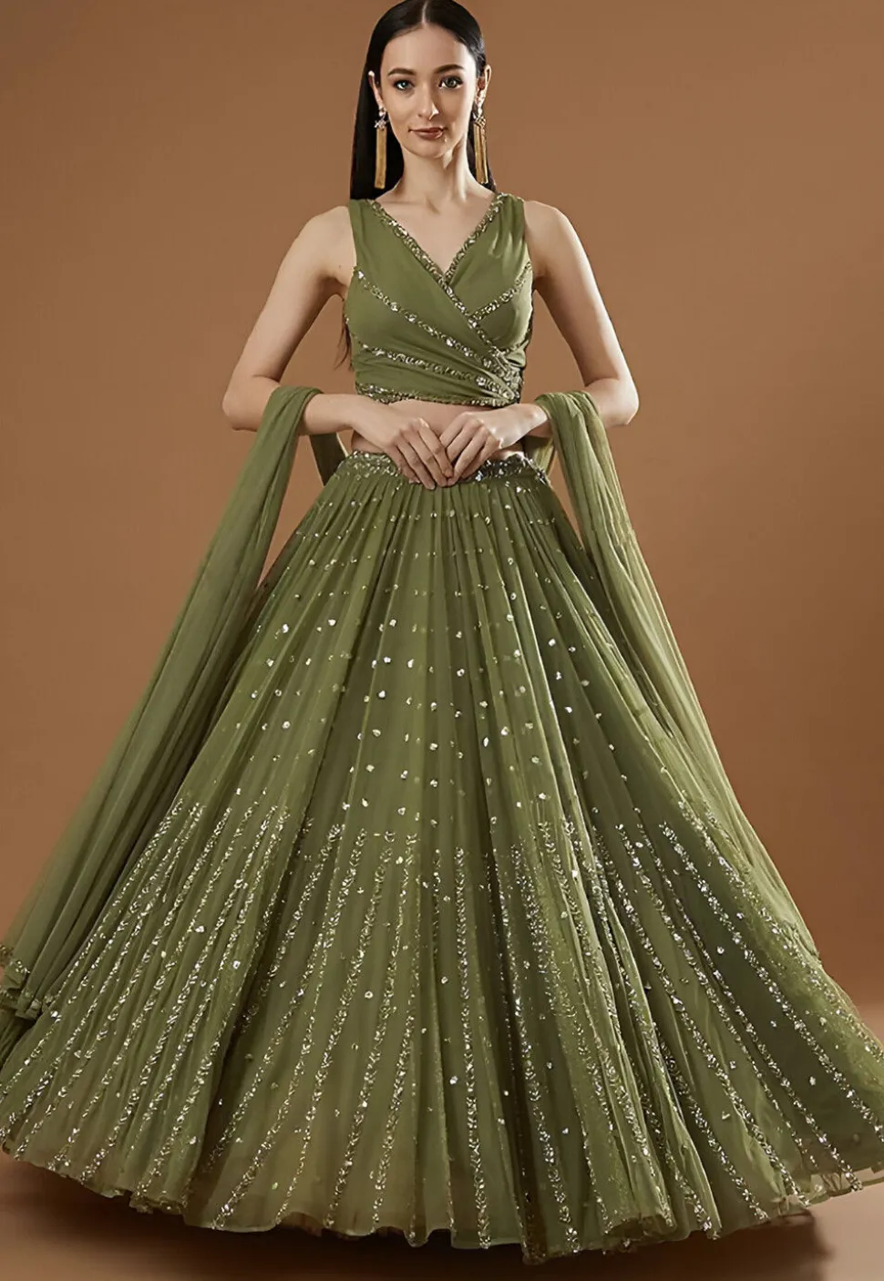 Embroidered Georgette Lehenga in Olive Green