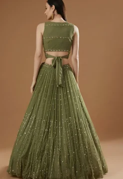 Embroidered Georgette Lehenga in Olive Green
