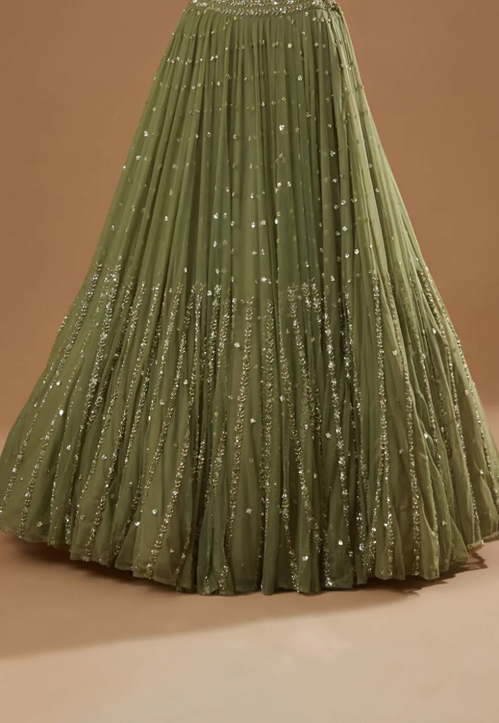 Embroidered Georgette Lehenga in Olive Green