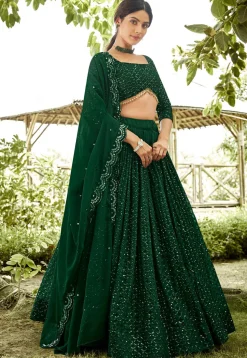 Embroidered Georgette Lehenga in Dark Green
