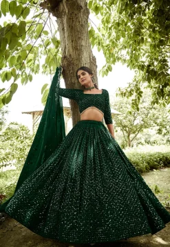 Embroidered Georgette Lehenga in Dark Green