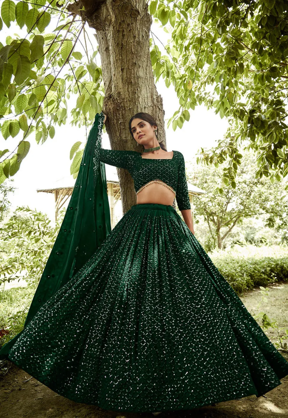 Embroidered Georgette Lehenga in Dark Green