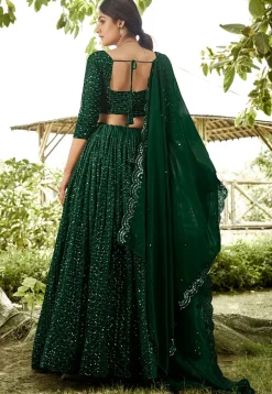 Embroidered Georgette Lehenga in Dark Green