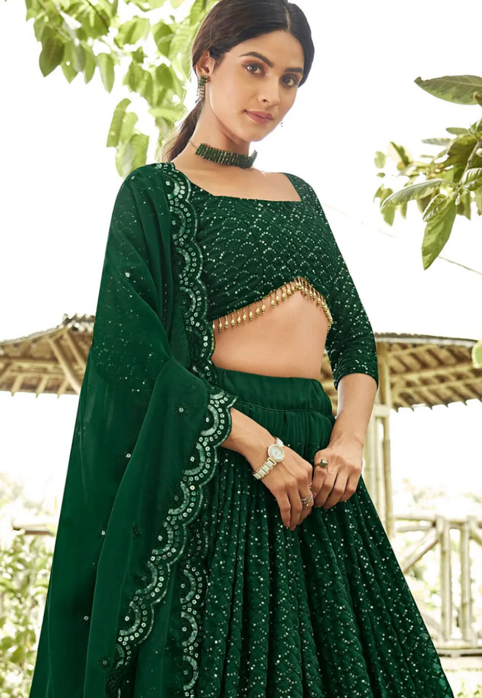 Embroidered Georgette Lehenga in Dark Green