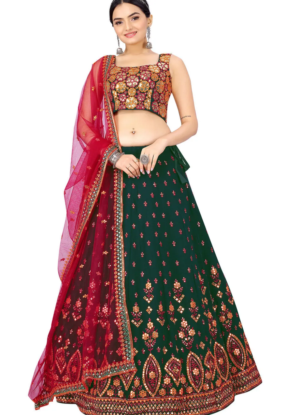 Embroidered Georgette Lehenga in Dark Green