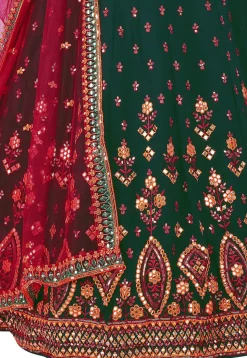 Embroidered Georgette Lehenga in Dark Green