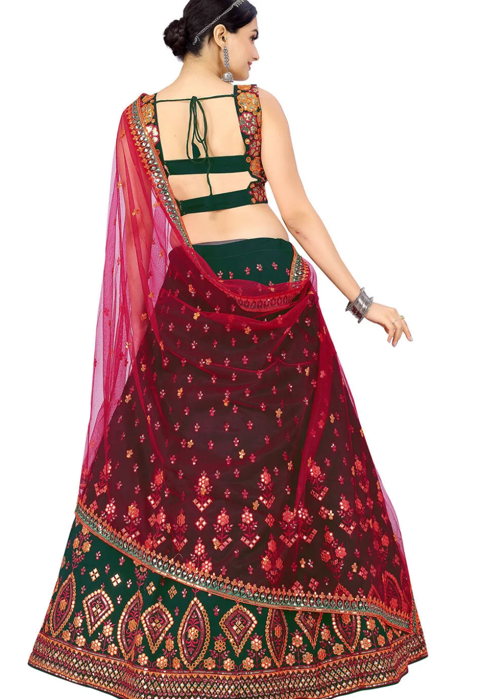 Embroidered Georgette Lehenga in Dark Green