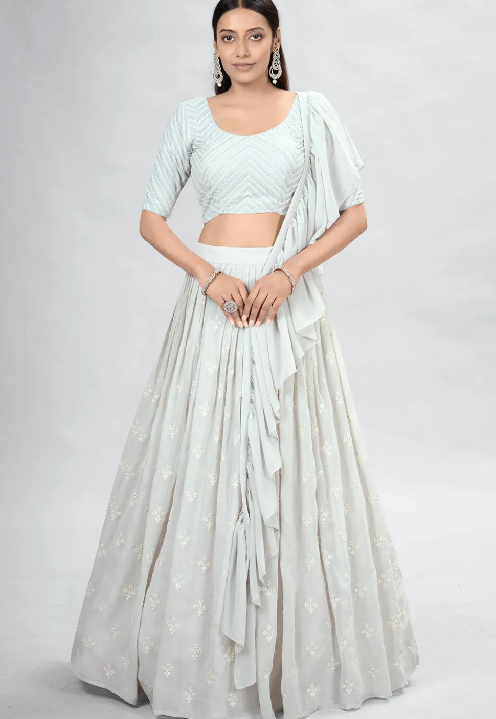 Embroidered Georgette Lehenga in Light Grey