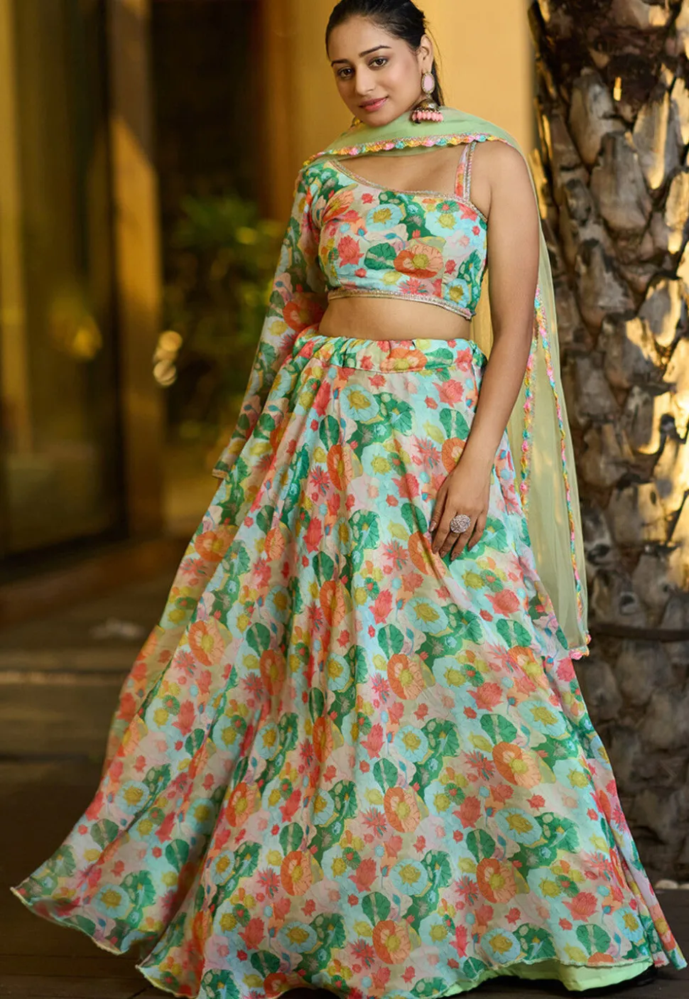 Embroidered Georgette Lehenga in Sea Green