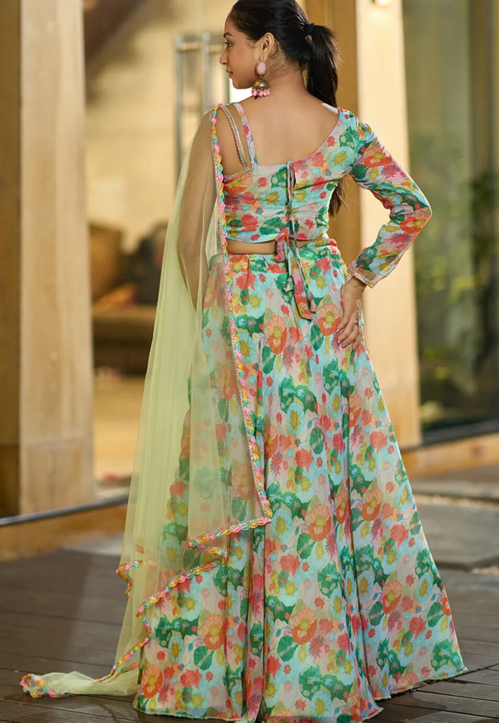 Embroidered Georgette Lehenga in Sea Green