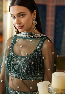 Embroidered Georgette Lehenga in Dark Green