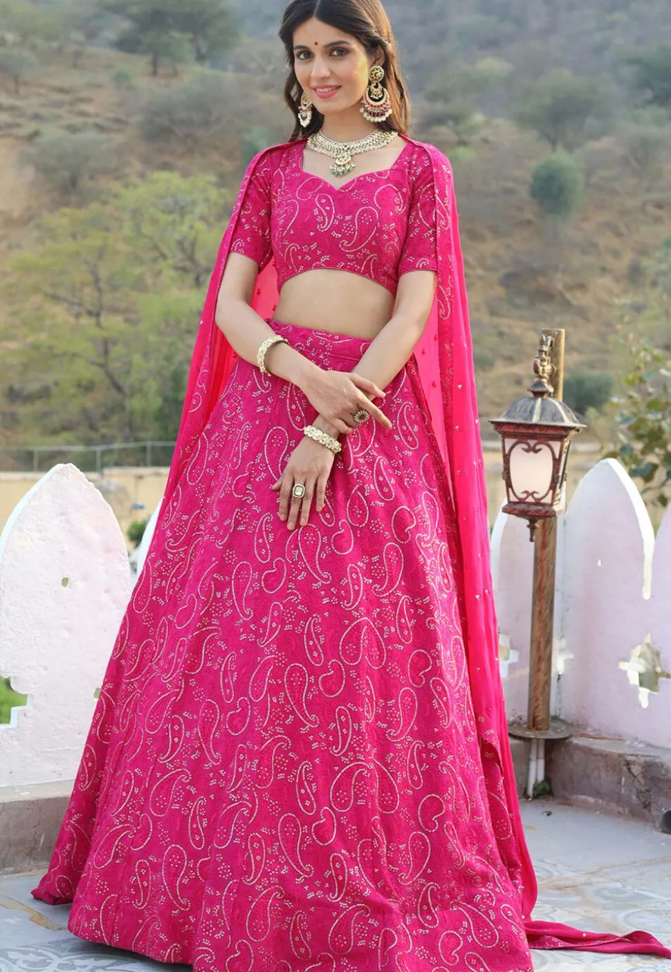 Embroidered Georgette Lehenga in Fuchsia