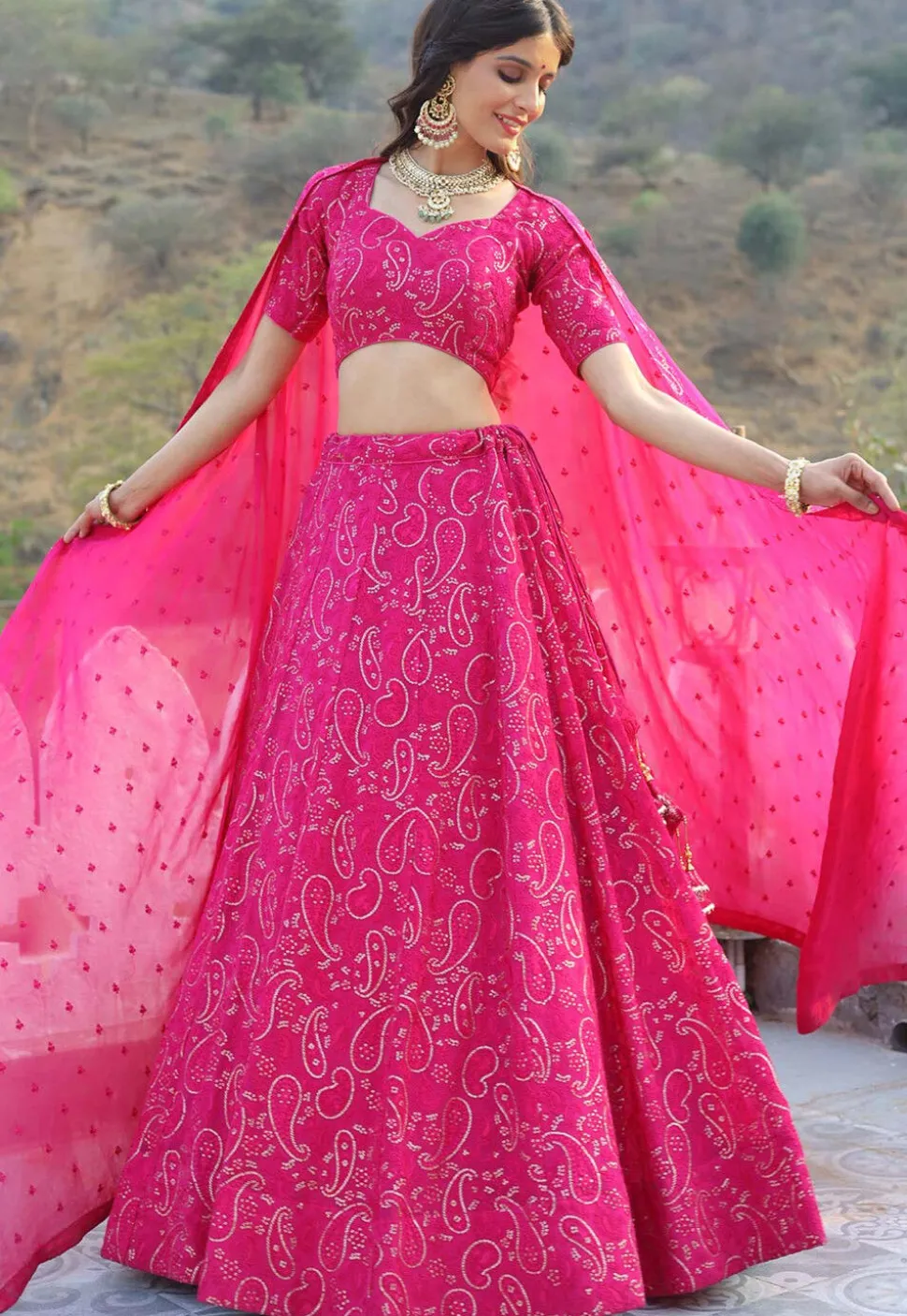 Embroidered Georgette Lehenga in Fuchsia